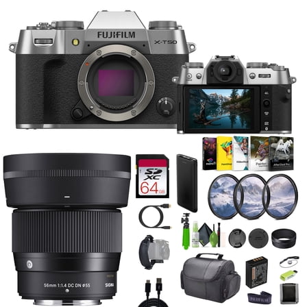Fujifilm X-T50 Mirrorless Digital Camera Body Bundle With Sigma 56mm f/1.4 DC DN Contemporary Lens for Fuji-Film X + 64GB Memory Card + Camara Bag + Vlogging Tripod + More Accessories - Silver