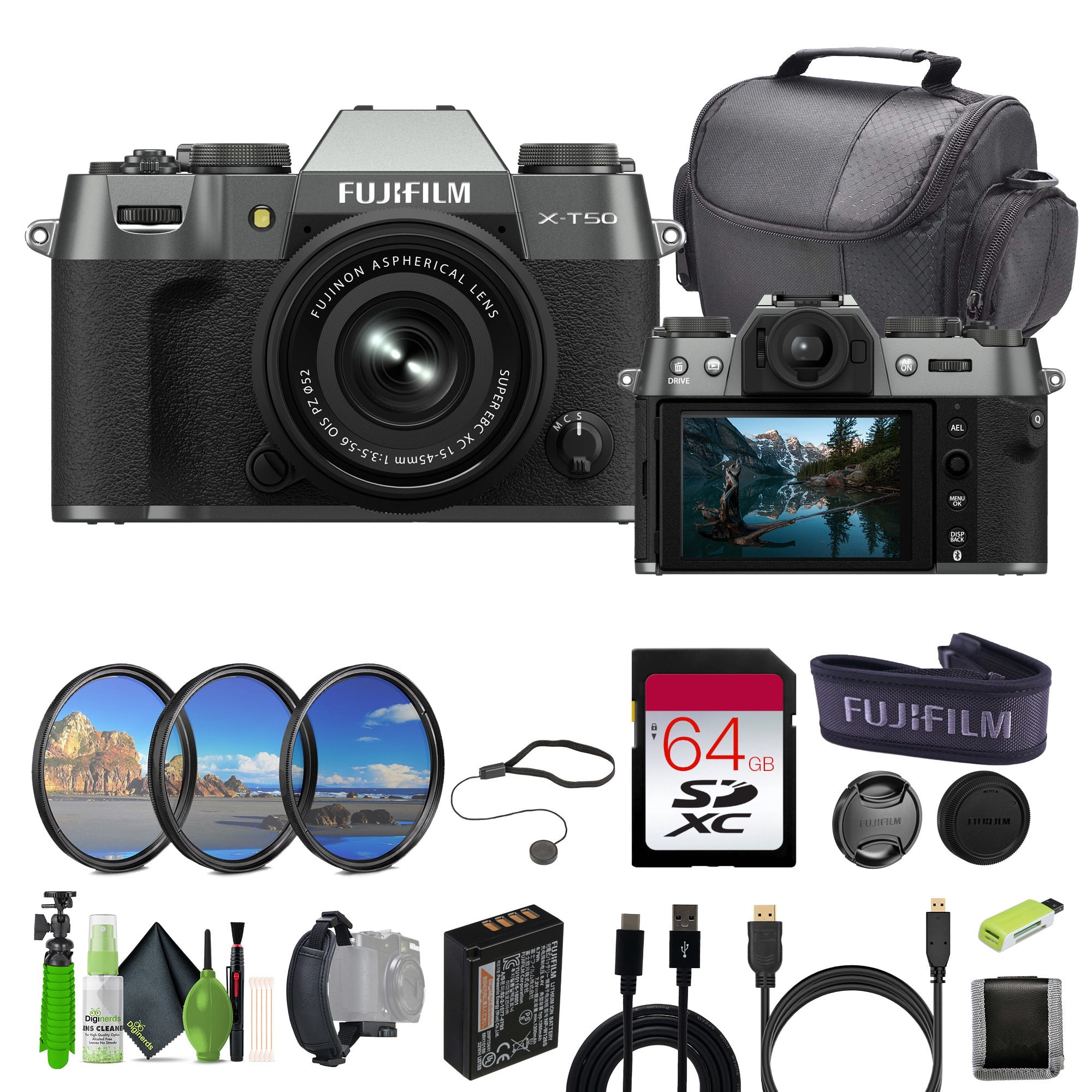 Fujifilm X-T50 Mirrorless Digital Camera XC15-45mmF3.5-5.6 OIS PZ Lens Bundle Kit With 64GB Memory Card + Mc Pro Filter Kit + Camara Bag + More Accessories - Charcoal Silver