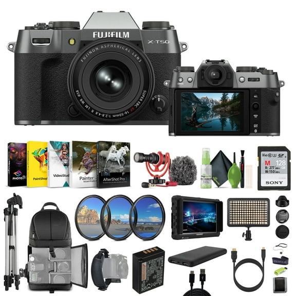 Fujifilm X-T50 Mirrorless Digital Camera XF16-50mmF2.8-4.8 R LM WR Lens Bundle Kit With 128GB Memory Card Tripod Video LED Light Rode Microphone 7" HD Monitor Accessorie-Charcoal Silver