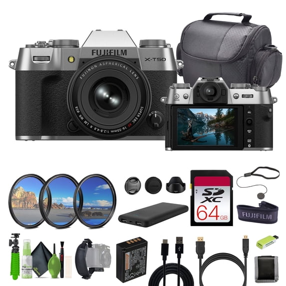 Fujifilm X-T50 Mirrorless Digital Camera XF16-50mmF2.8-4.8 R LM WR Lens Bundle Kit With 64GB Memory Card + Camara Bag + MC PRO Filter + Micro HDMI Cable + More Accessories - Silver