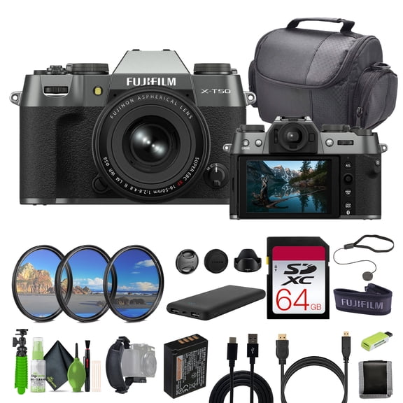 Fujifilm X-T50 Mirrorless Digital Camera XF16-50mmF2.8-4.8 R LM WR Lens Bundle Kit With 64GB Memory Card + Camara Bag + MC PRO Filter + Tripod + More Accessories - Charcoal Silver