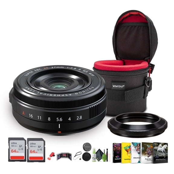Fujifilm XF 27mm f/2.8 R WR Pancake, Compact X‑Mount Prime Lens 41 mm Equivalent, Weather‑Resistant Bundle With 2x 64GB Memory Card + Corel Photo, Video, & Art Suite Deluxe + Lens Case + More