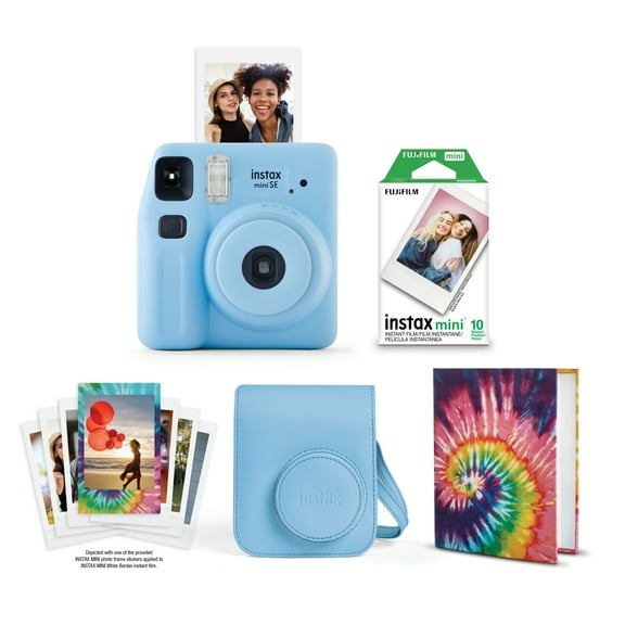 Fujifilm instax Mini SE Instant Camera Bundle with Case, 10 Pack Film, Album, and Frame Stickers, Light Blue (Value Bundle)
