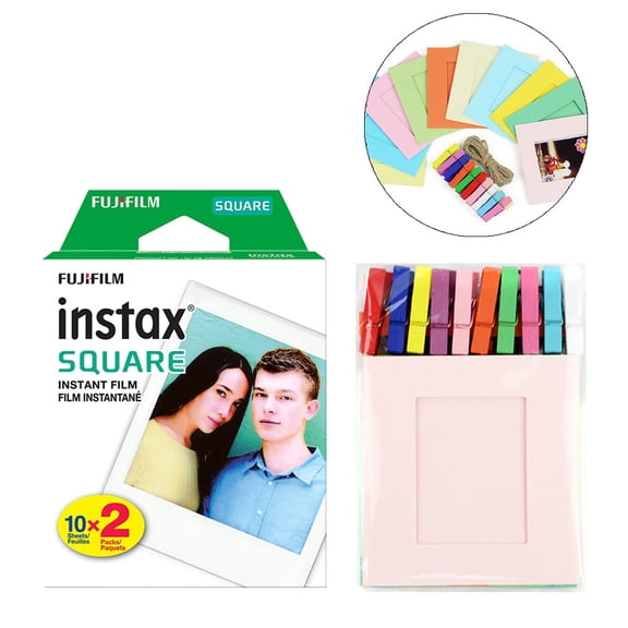 Fujifilm instax Square Instant Film (20 Exposures) + Hanging Photo Frames for Square Film Assorted Colors Deluxe Accessory Bundle