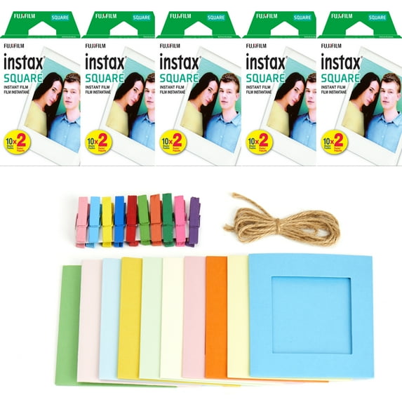 Fujifilm instax Square Instant Film Hanging Photo Frames for Square Film Assorted Colors Deluxe Accessory Bundle (100 Exposures)