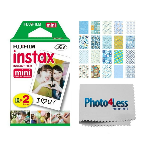 Fujifilm instax mini Instant Film (20 Exposures) + 20 Sticker Frames for Fuji Instax Prints Baby Boy Themed Package + Photo4Less Cleaning Cloth – Deluxe Accessory Bundle