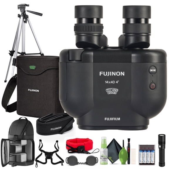 Fujinon TS-X 14x40 Image Stabilized Binoculars with ±6° IS, 14x Magnification, Compact Reverse Porro Design (Black) Bundle With Tripod + Flashlight + Harness + More