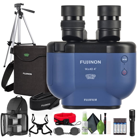 Fujinon TS-X 14x40 Image Stabilized Binoculars with 6 IS, 14x Magnification, Compact Reverse Porro Design (Navy) Bundle With Tripod + Flashlight + Harness + More