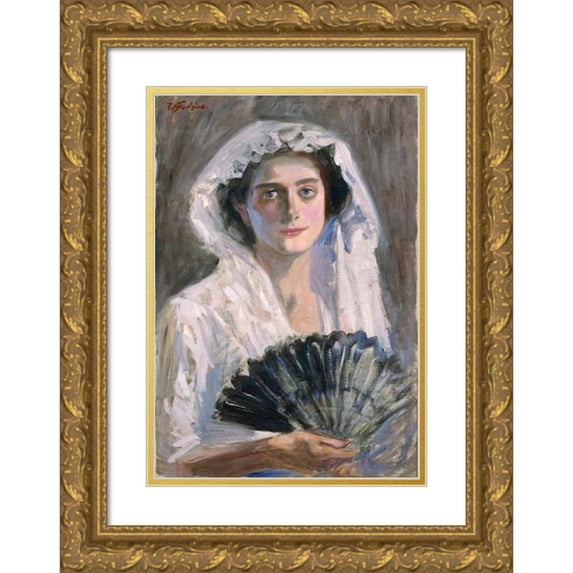 Fujishima Takeji 11x14 Gold Ornate Wood Frame and Double Matted Museum Art Print Titled - Black Fan (1908 - 1909)