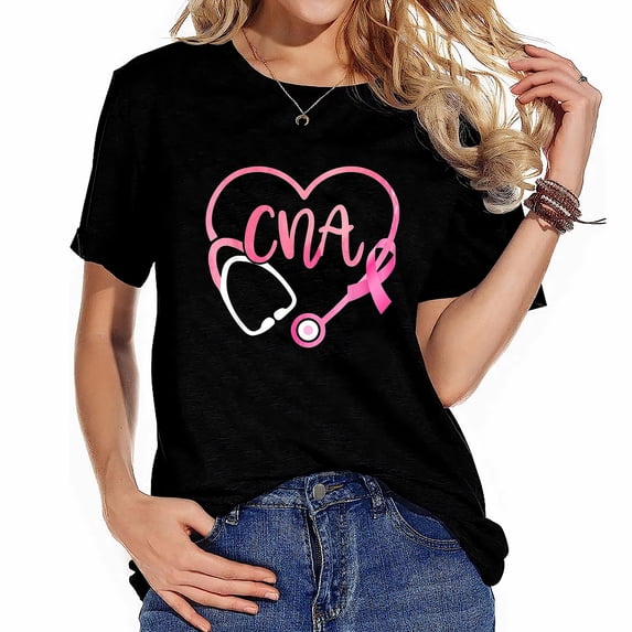 Womens T Shirt CNA Heart Stethoscope Pink Ribbon Breast Cancer Awareness Shirts Black 2X-Large