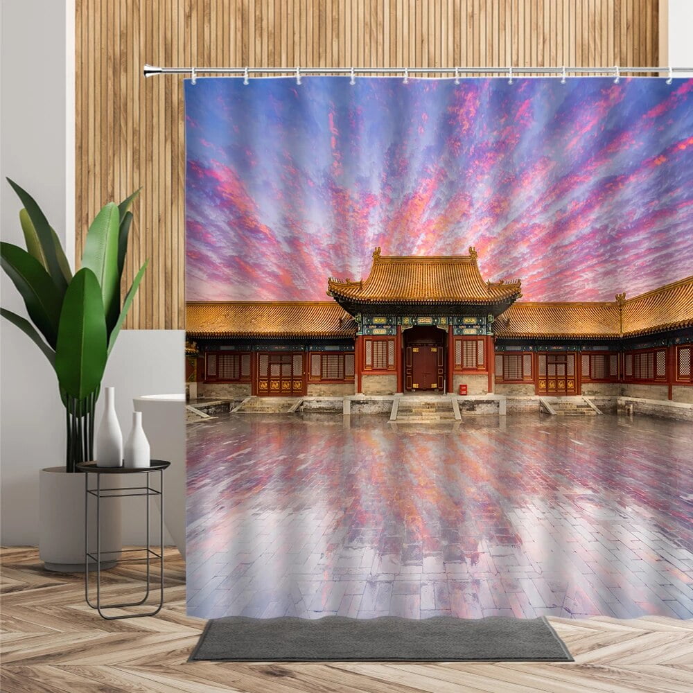 Fujiyama Scenery Bath Shower Curtain Decors Japan Town Overlook Tower ...