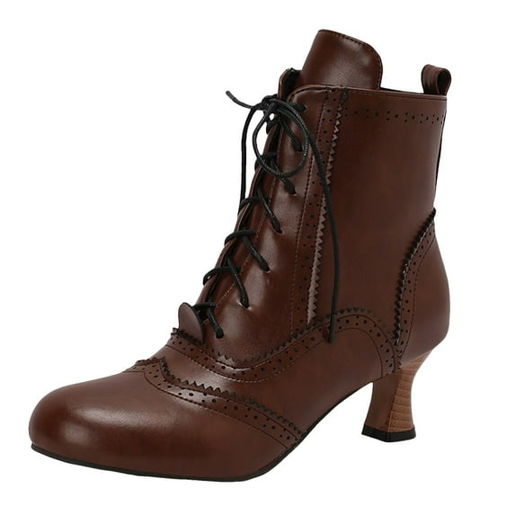 Women's Lace Up Boots Vintage Ankle Mid Heel Almond Toe Victorian Retro