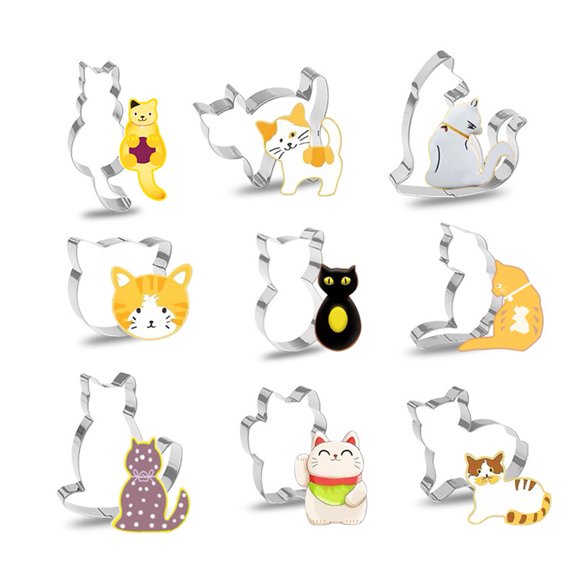 Fukawx 9Pcs/Set Cookie Mold Stainless Steel Cat Shaped Cutters Dough Fudge Sandwiches Mold Multi-purpose Baking Tools