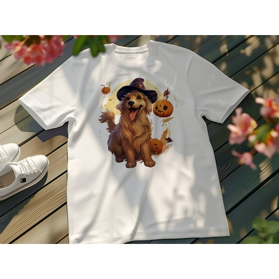 Fukika Cute Golden Retriever Halloween Witch Dog with Pumpkins Graphic Tee, Fun Fall Shirt, Spooky Dog Lover Gift, Pet Owner Apparel