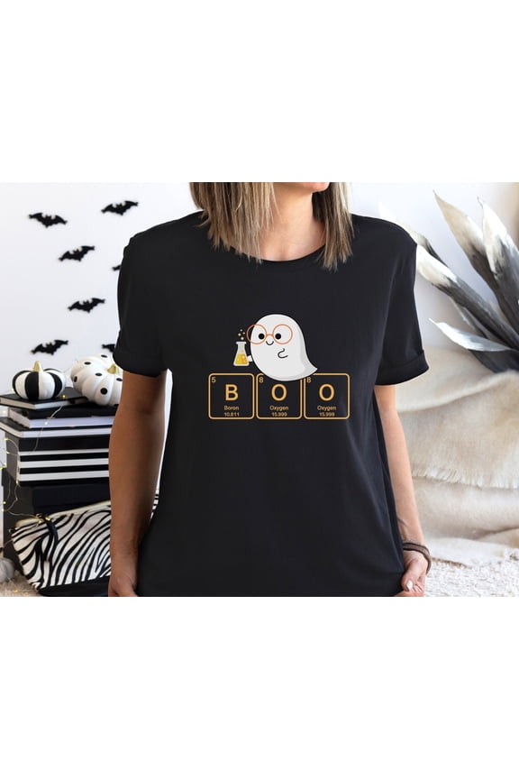 Cute Science Halloween Shirt, Ghost Scientist with Periodic Table of Elements that Spell BOO, Science Teacher Gifts, Nerdy Gifts