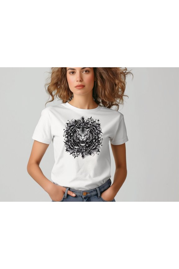Fierce Tiger Mandala Art T-Shirt, Tiger Face Floral Design Tee, Unique Graphic Animal Art Shirt, Bold Artistic Apparel, Edgy Fashion