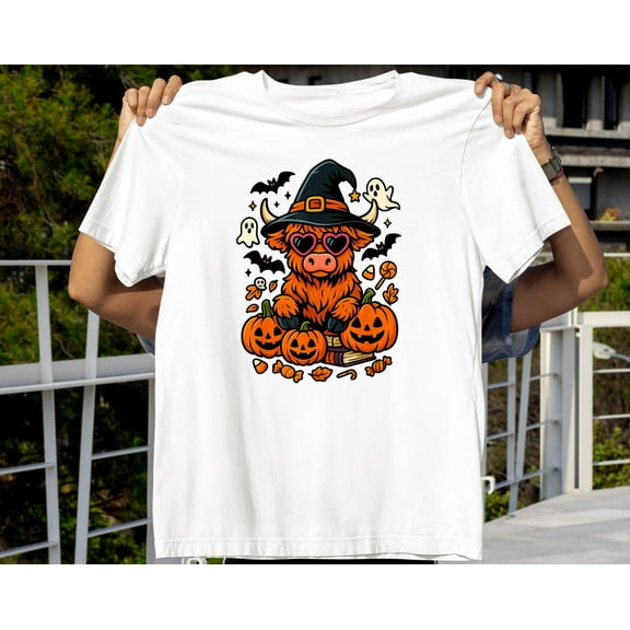 Fukika Funny Highland Cow Halloween Pumpkin Spooky Autumn T-shirt, Highland Cow Pumpkin Halloween Shirt, Happy Halloween, Gift Halloween.