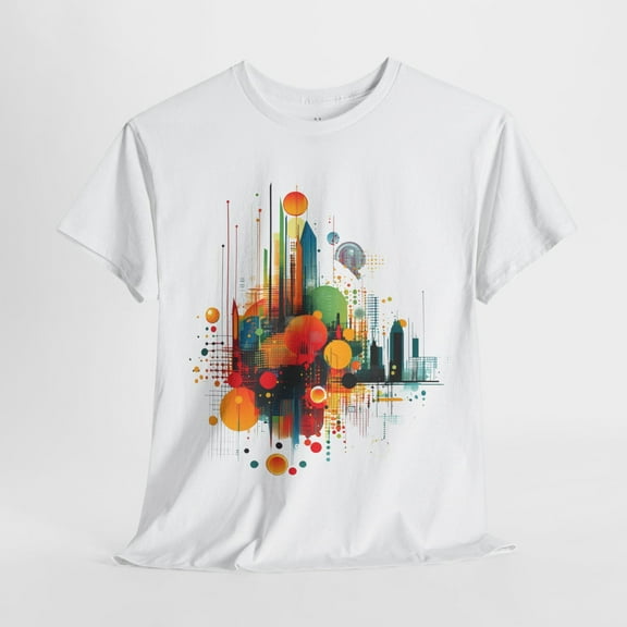 Fukika Futuristic Cityscape Abstract T-Shirt, Colorful Tech Urban Skyline Tee, Art Graphic Shirt