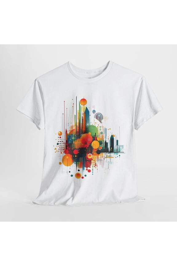 Futuristic Cityscape Abstract T-Shirt, Colorful Tech Urban Skyline Tee, Art Graphic Shirt