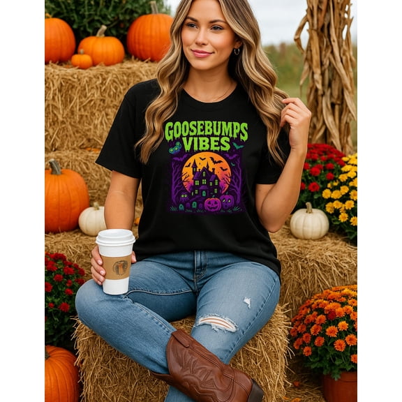 Fukika Goosebumps Vibes Halloween T-Shirt, Haunted House Scary Pumpkin Tee, Spooky Graphic Shirt, Unisex Horror Vibes Top, Fall Costume Outfit