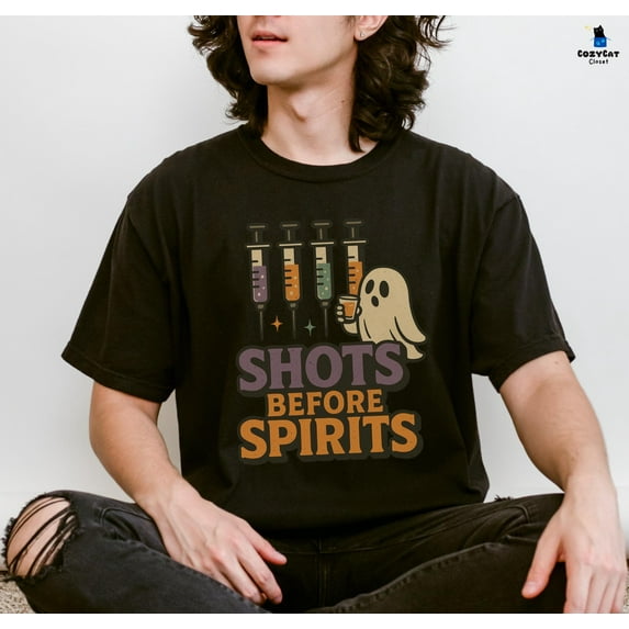 Fukika Shots Before Spirits T-Shirt, Halloween Ghost Unisex Tee, Medical Gift for Pharmacist, Nurse, MA, Spooky Party Lovers Shirt