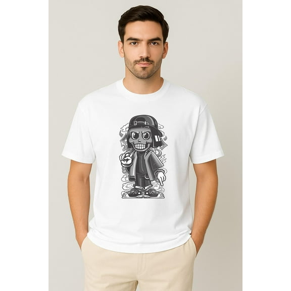 Fukika Streetwear Skull Cartoon Graphic T-Shirt, Cool Hip Hop Style Tee, Urban Street Fashion, Unique Graphic Character Shirt
