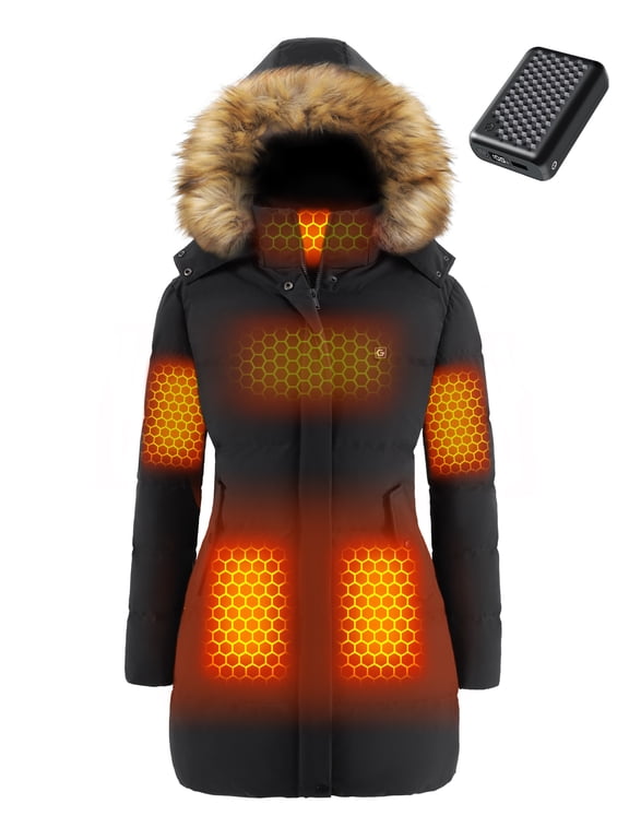 Graphene Heated Jacket for Women with Battery, 12V Fast Charge 18400mAh Large Capacity Winter Outdoor Lightweight Heating Jackets Long Down Jacket Black