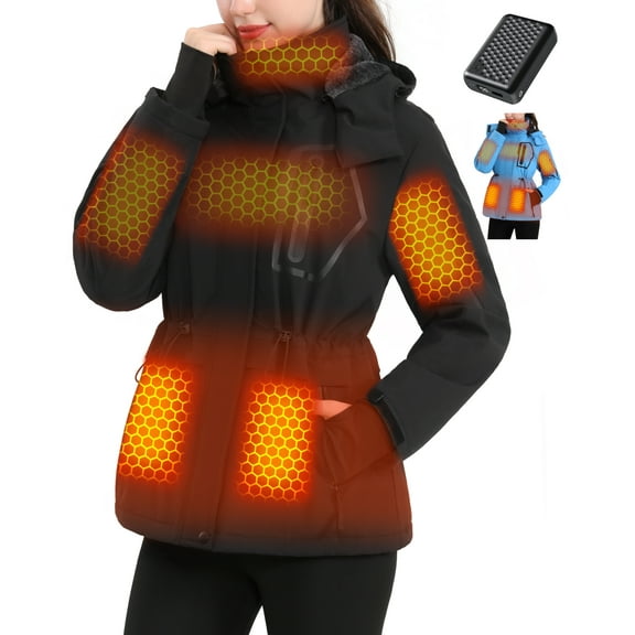 Fuklindy Graphene Heated Jacket for Women with Battery, 12V Fast Charge 18400mAh Large Capacity Winter Outdoor Lightweight Heating Jackets Black