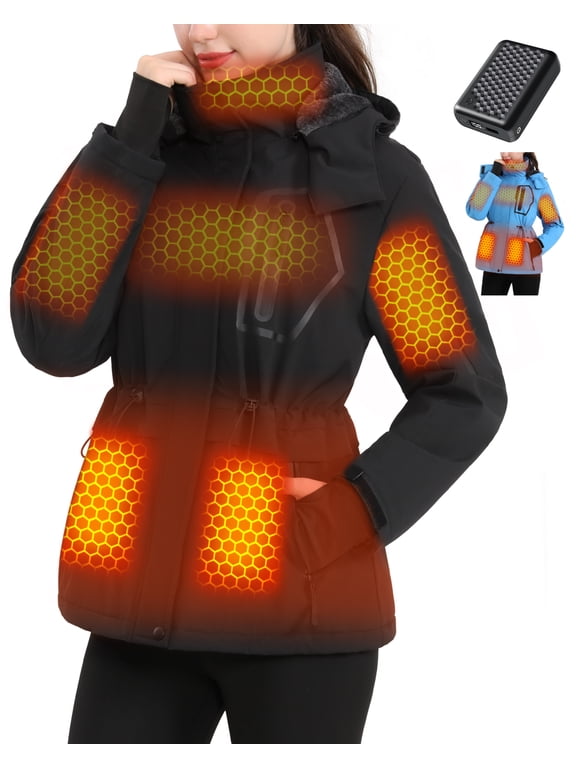 Graphene Heated Jacket for Women with Battery, 12V Fast Charge 18400mAh Large Capacity Winter Outdoor Lightweight Heating Jackets Black