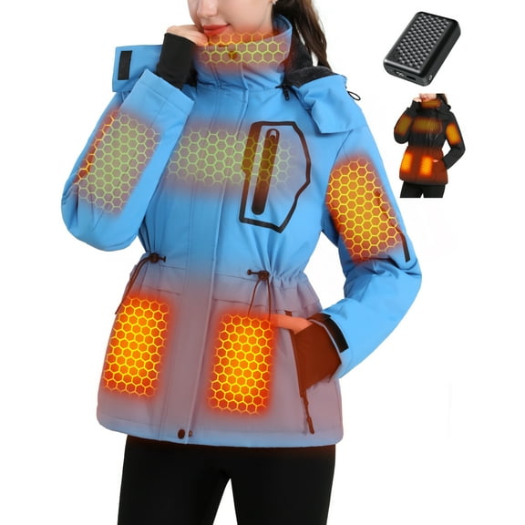 Fuklindy Graphene Heated Jacket for Women with Battery, 12V Fast Charge 18400mAh Large Capacity Winter Outdoor Lightweight Heating Jackets Blue