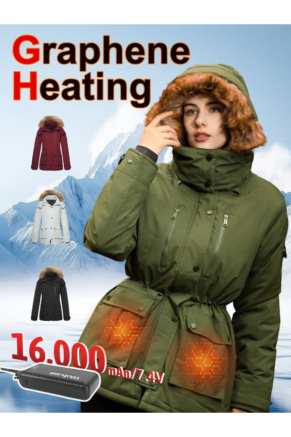 Graphene Heated Jacket for Women with Battery, 12V Fast Charge 18400mAh Large Capacity Winter Outdoor Lightweight Heating Jackets Green