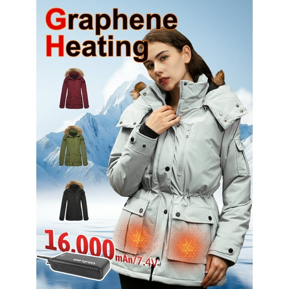 Fuklindy Graphene Heated Jacket for Women with Battery, 12V Fast Charge 18400mAh Large Capacity Winter Outdoor Lightweight Heating Jackets White