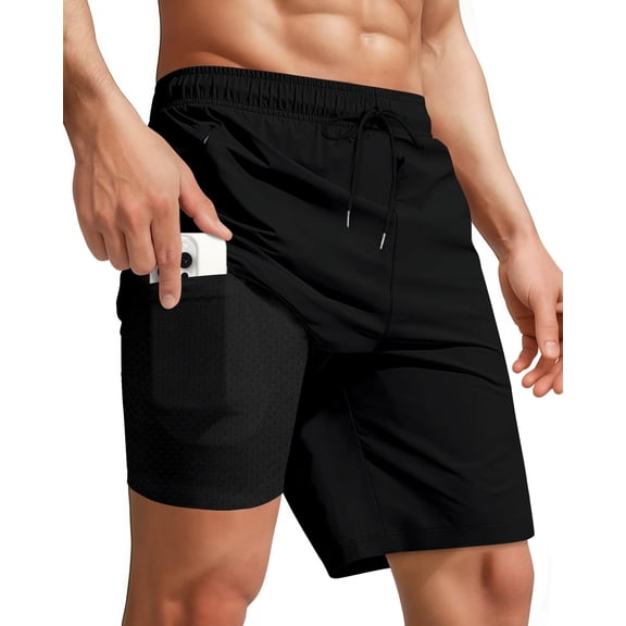 Men Swim Trunks with Compression 9 Inches Breathable Liner Quick Dry Zipper Pockets Swimming Bathing Summer Beach Shorts for Board Beach Gym Running