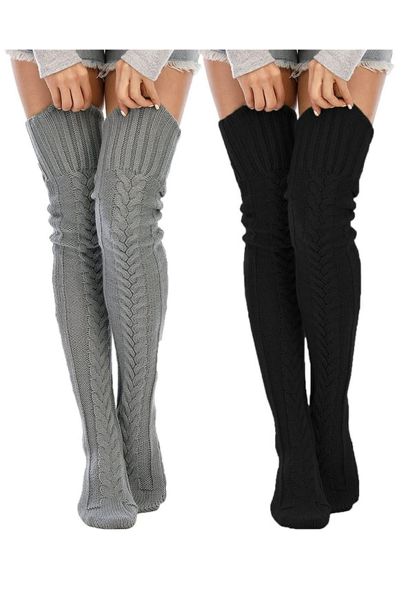Women's Cable Knitted Boot Socks, Thigh High Warm Socks Extra Long Winter Thick Stockings Fashion Over Knee Leg Warmers (2Pairs)