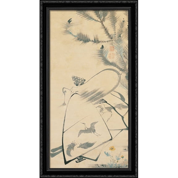 Fukurojin (Fukurokuju), the God of Longevity and Wisdom 22x40 Large Black Ornate Wood Framed Canvas Art by Ito Jakuchu