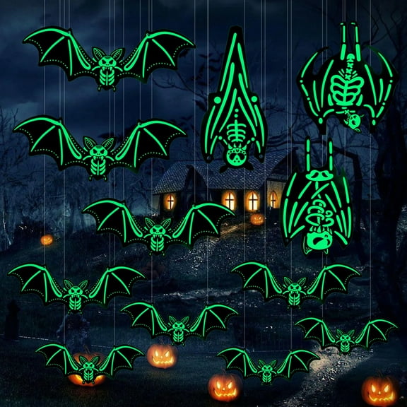 Fukushima 12PCS Luminous Halloween Bat Decoration - Hanging Wall Decals & Window Stickers for Entryway & Party Favors