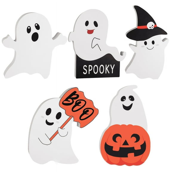 Fukushima 5PCS Cute Halloween Ghost Decorations - Rustic Wooden Tiered Tray Decor & Spooky Table Signs for Home Party Display