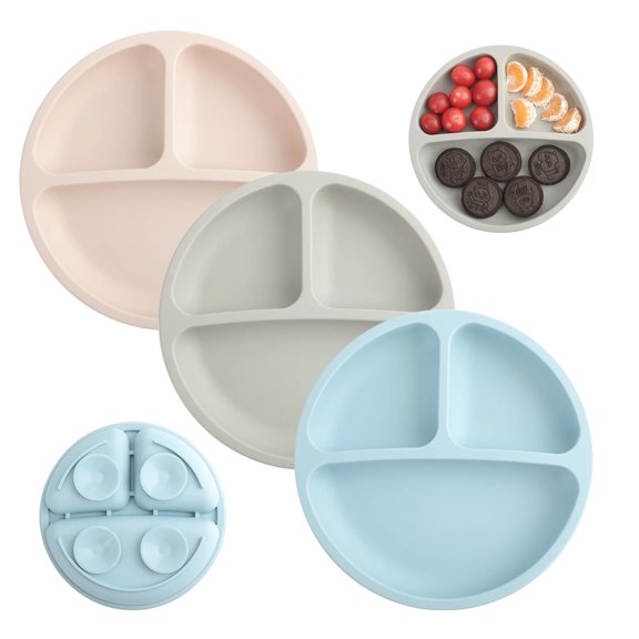Fulande 3 Pack Suction Toddlers Plates, Divided Suction Plates for Baby,100% Food Grade Silicone Baby Plates, Safe Grip Dishes for Toddlers Self Feeding Training