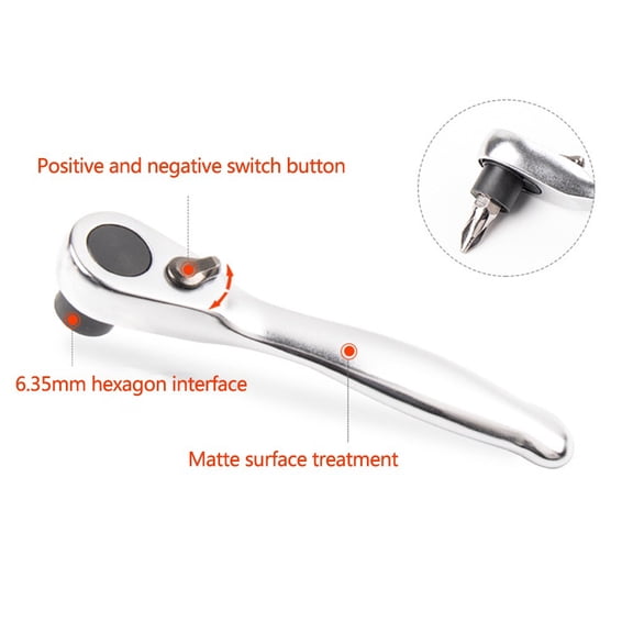 Fule 1/4" Head Square Ratchet Socket Wrench Hex Bit 9.5cm Driver Screwdriver 72-Tooth