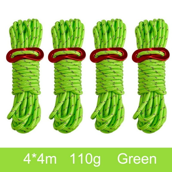 Fule 4Pcs 4m Guy Rope Reflective Cord Lines With Runners Tent Camping Guide (Green)