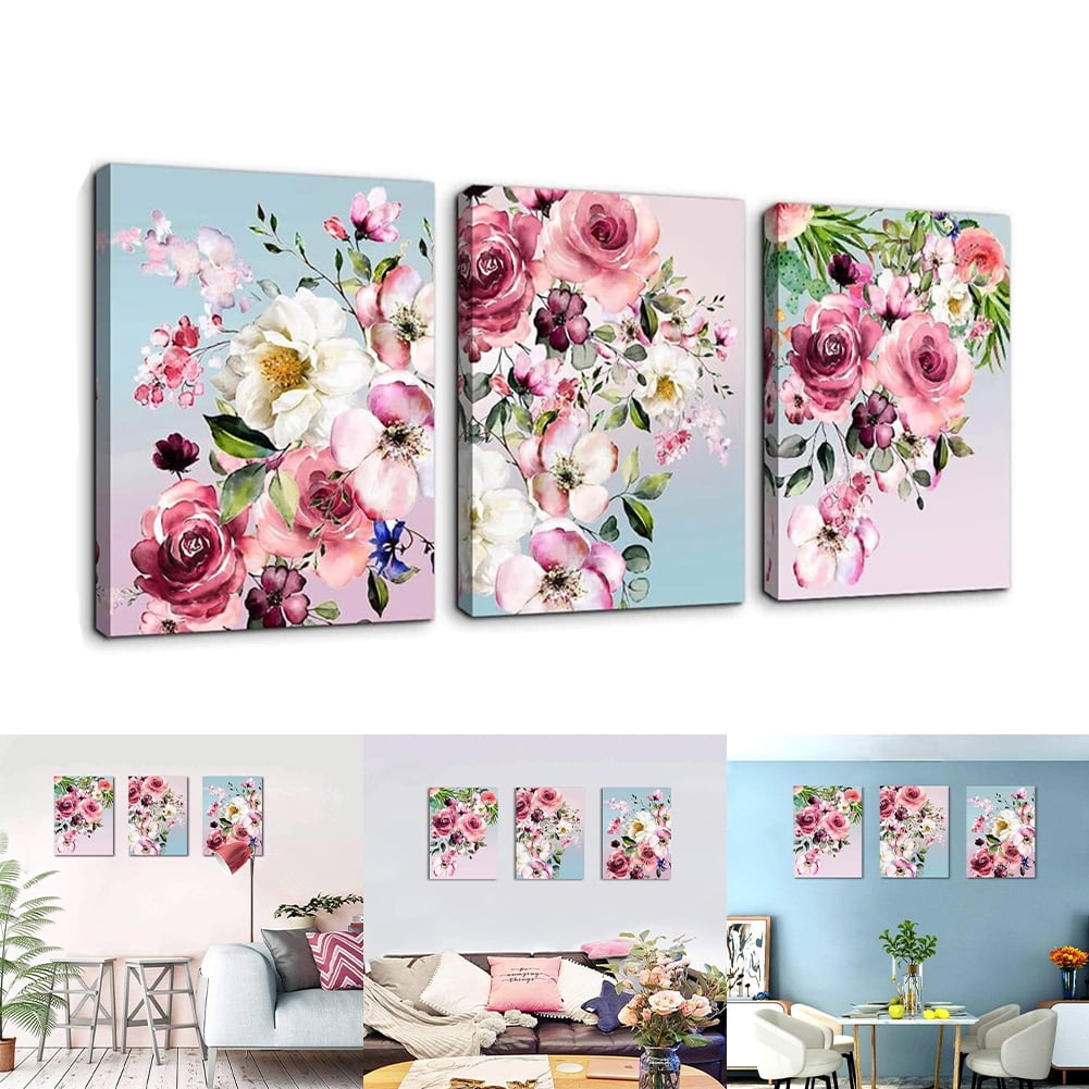 Fule Flower Canvas Wall Art for Bedroom Woman Wall Decor Pink White Flowers Picture 3pcs Framed Artwork Modern Plant Floral Canvas Prints for Kitchen Home Bathroom Girls Room Wall Decoration 12x16"