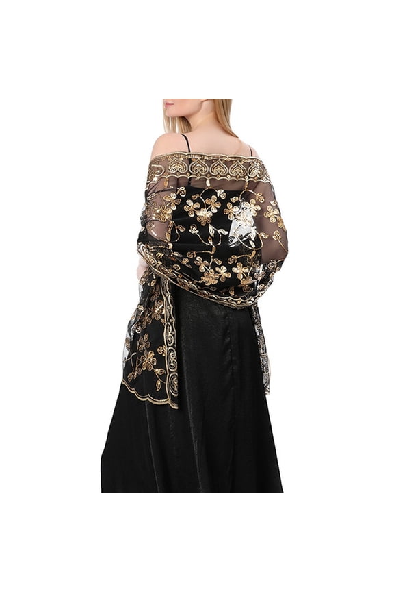 Long Sparkly Sequin Sheer Tulle Lace Embroidery Shawl Wrap Scarf Evening Wedding