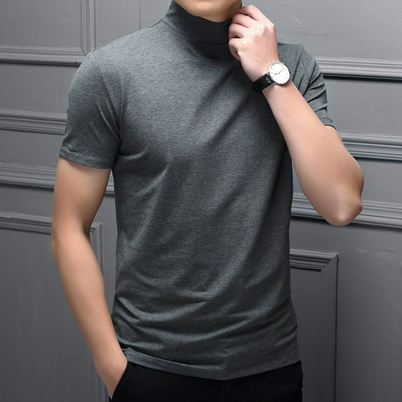 Fule Men Mock Neck Basic Plain Blouse T-shirt Pullover Short Sleeve Top Bottoming Top