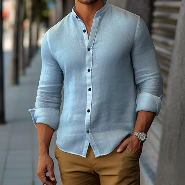 Fule Men Retro Collarless Casual Formal Informal Grandad Long Sleeve Cotton Shirt Top