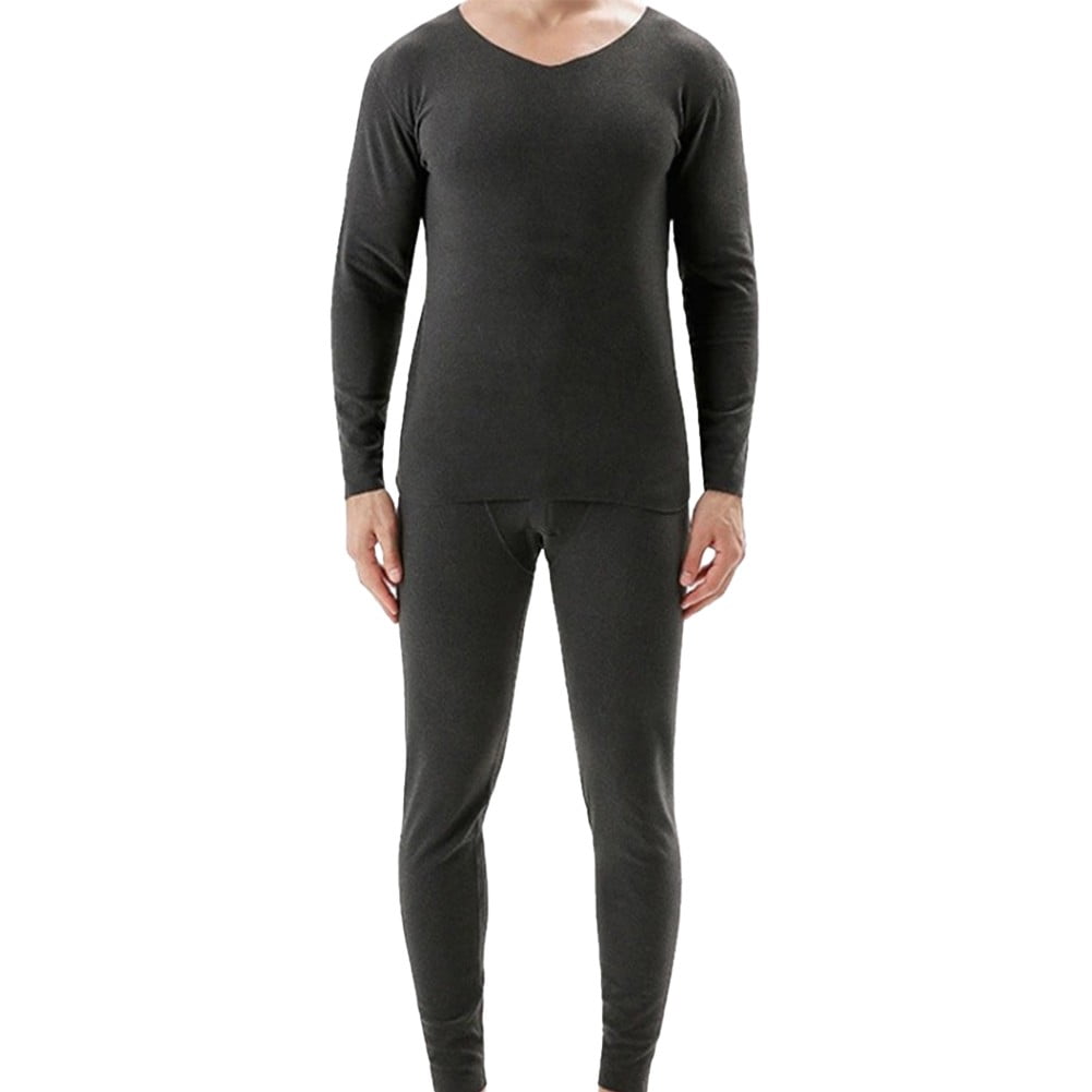 Fule Men Winter Thermal Long Johns Top Bottom Underwear Set V Neck Long Sleeve Solid