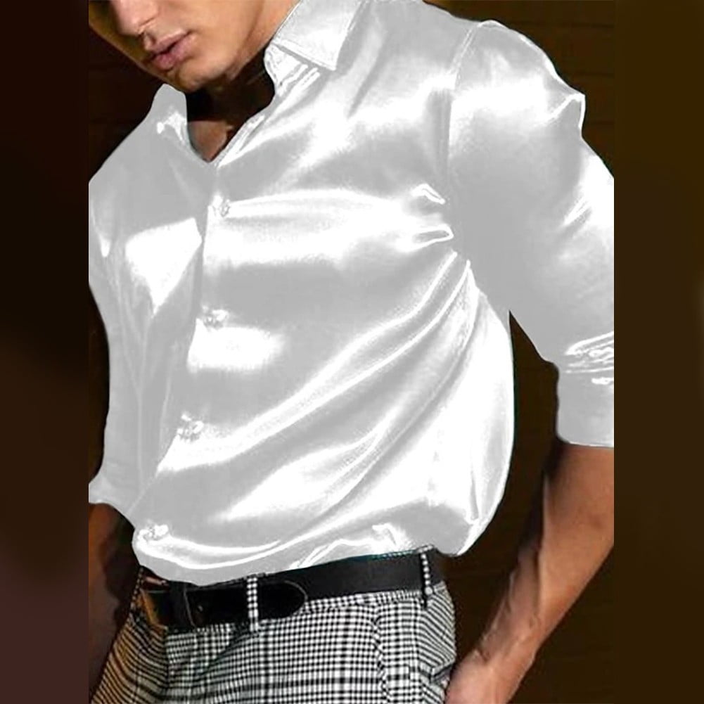 silk white dress shirt men Men Fashion Silky Long Sleeve Ivory Off White Button Down Shirt Dress Ultra Soft