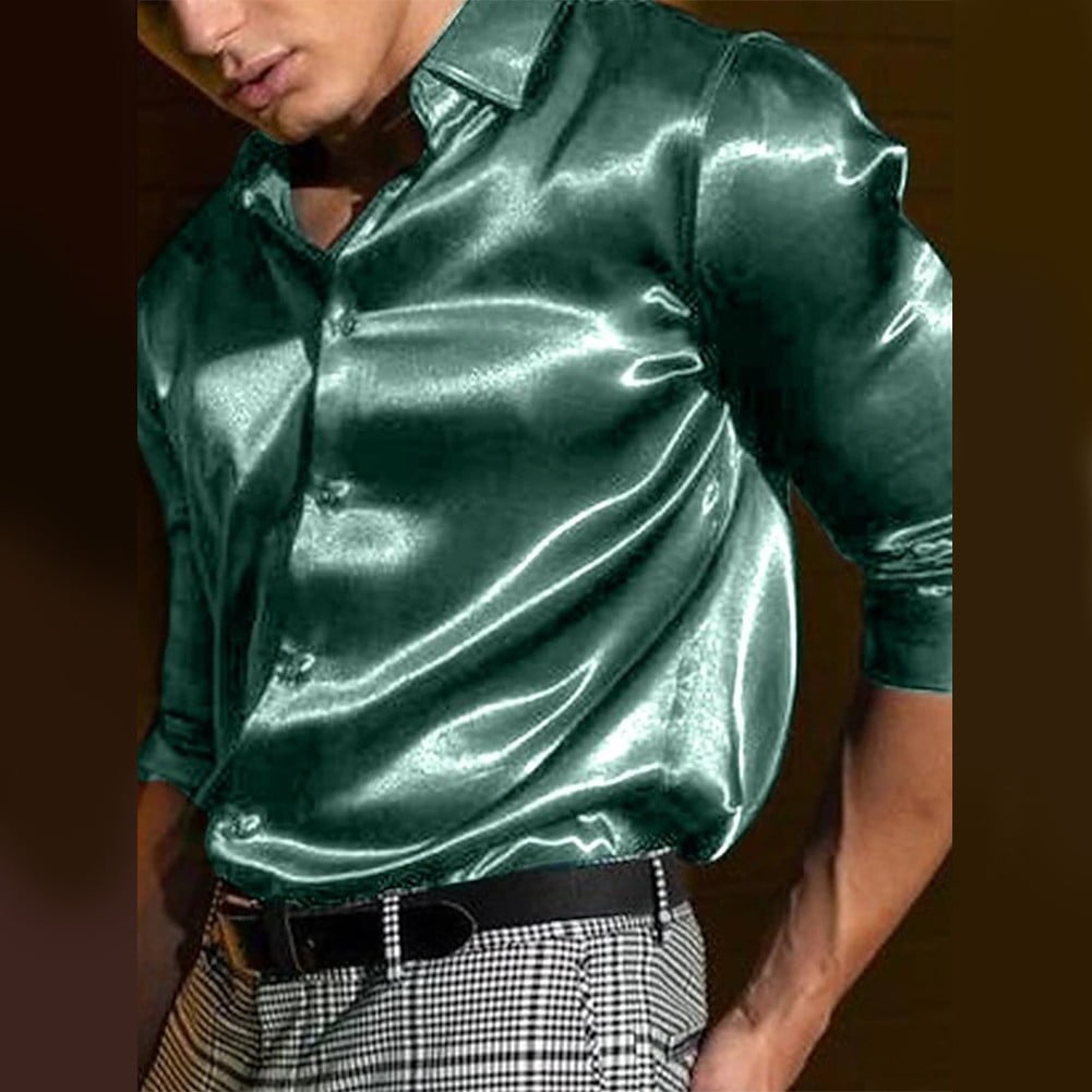 green silk dress shirt DiBanGu Mens Dress Shirt Solid Sage Green Splicing Silk Button Down Shirt, L
