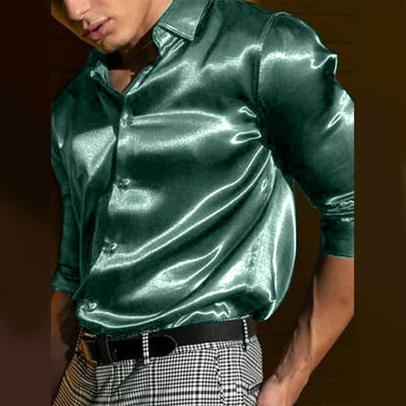 Fule Mens Satin Silk Dress Shirt Long Sleeve Casual Button Down Shirts Wedding Party