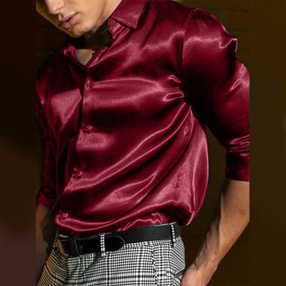 Fule Mens Satin Silk Dress Shirt Long Sleeve Casual Button Down Shirts Wedding Party