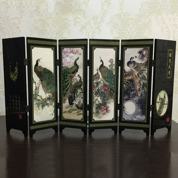 Fule Mini 6-Panel Peacock Screen Room Divider Wood Folding Partition Commemorative
